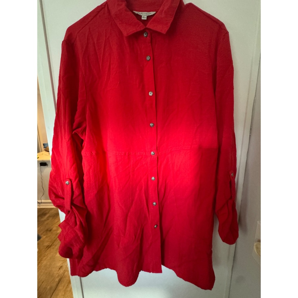 John Mark Red Button Down Tunic Roll Tab Sleeve Back Zip Shirt Womens Large